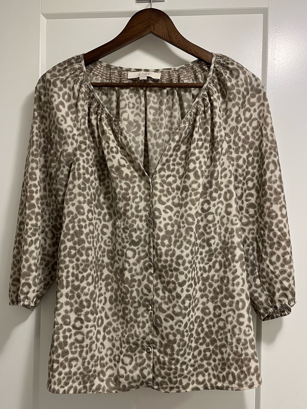 LOFT Taupe and Cream Leopard-Print V-Neck Blouse